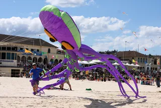 Kleurrijke vliegers boven een strand (ter illustratie)