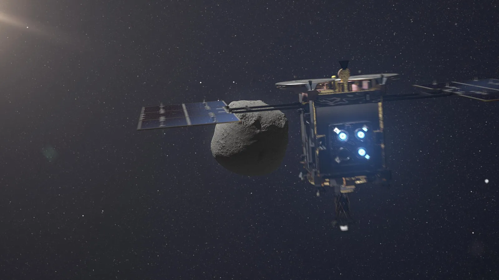 Een ruimtesonde nadert een planetoïde (illustratie)