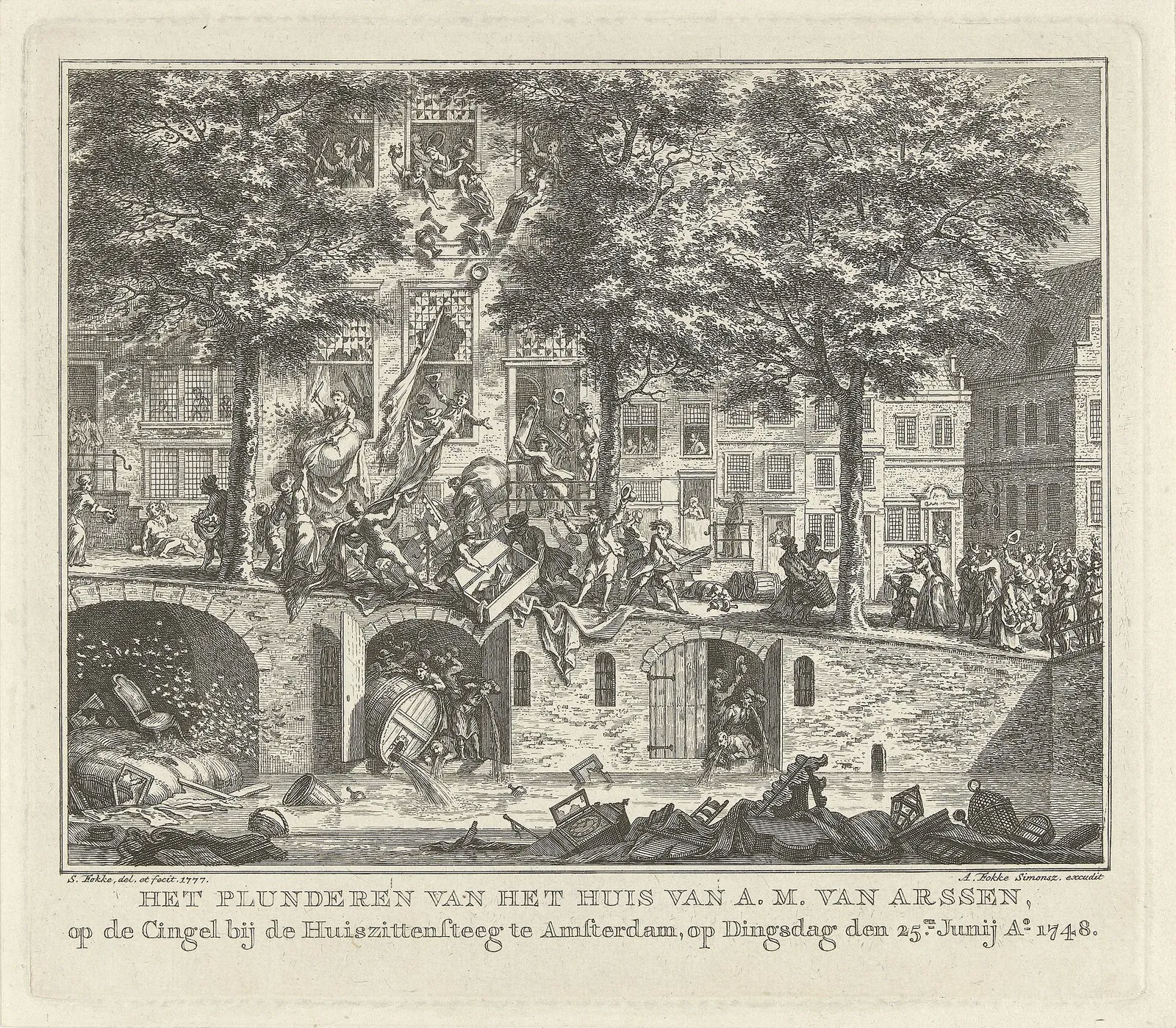 Prent van de plundering van het huis van belastingpachter A.M. van Arssen aan de Singel, 25 juni 1748